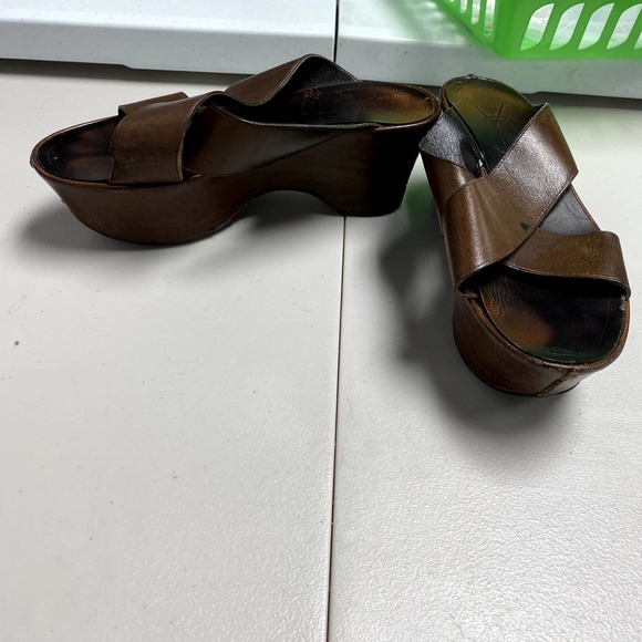 Vintage YVES SAINT LAURENT Leather Wedge Cross Strap PlatformSlides 36 sz6/6 1/2 - Picture 2 of 10